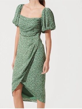 ASTR THE LABEL Green Floral Puff-Sleeve Midi Dress Size M